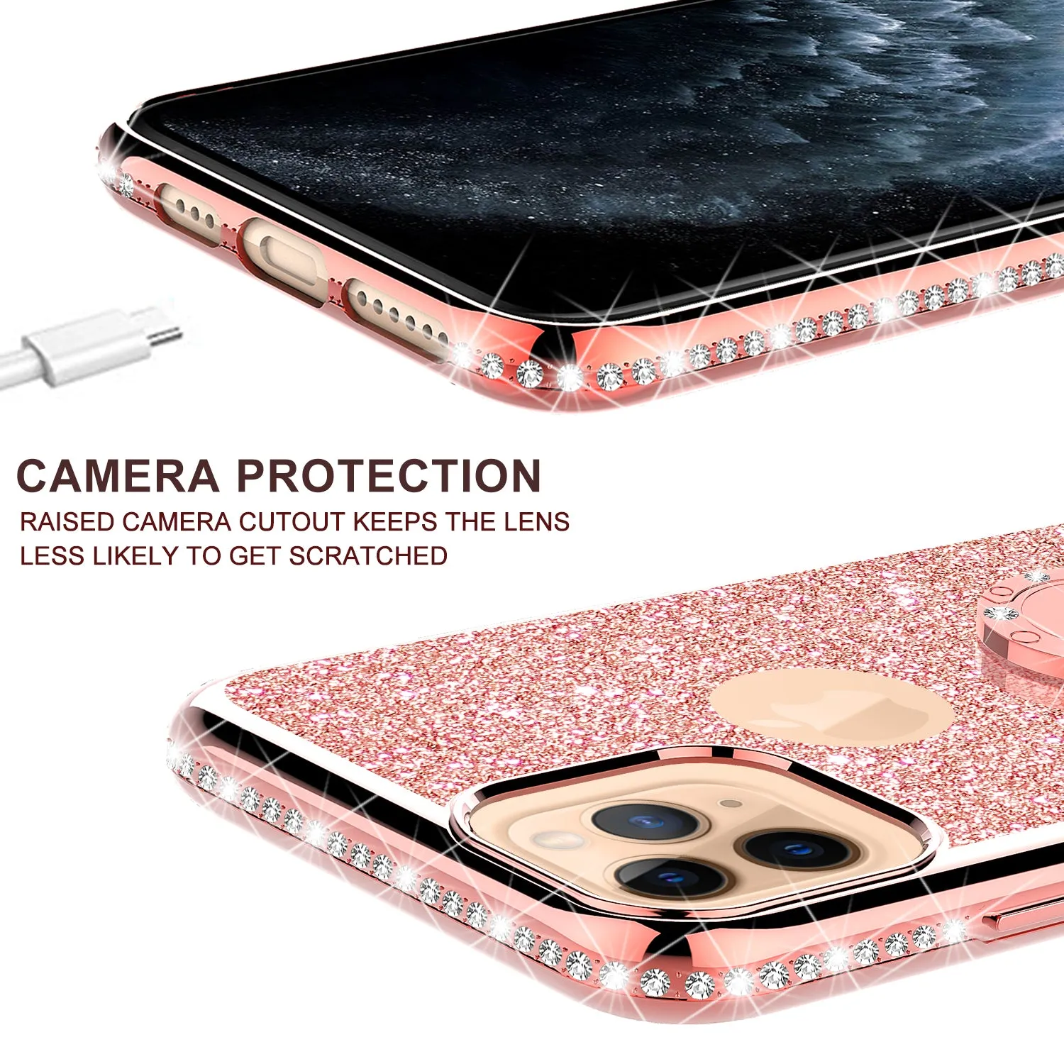 Apple iPhone 12 Case, Glitter Cute Phone Case Girls with Kickstand,Bling Diamond Rhinestone Bumper Ring Stand Sparkly Luxury Clear Thin Soft Protective Apple iPhone 12 Case for Girl Women - Rose Gold