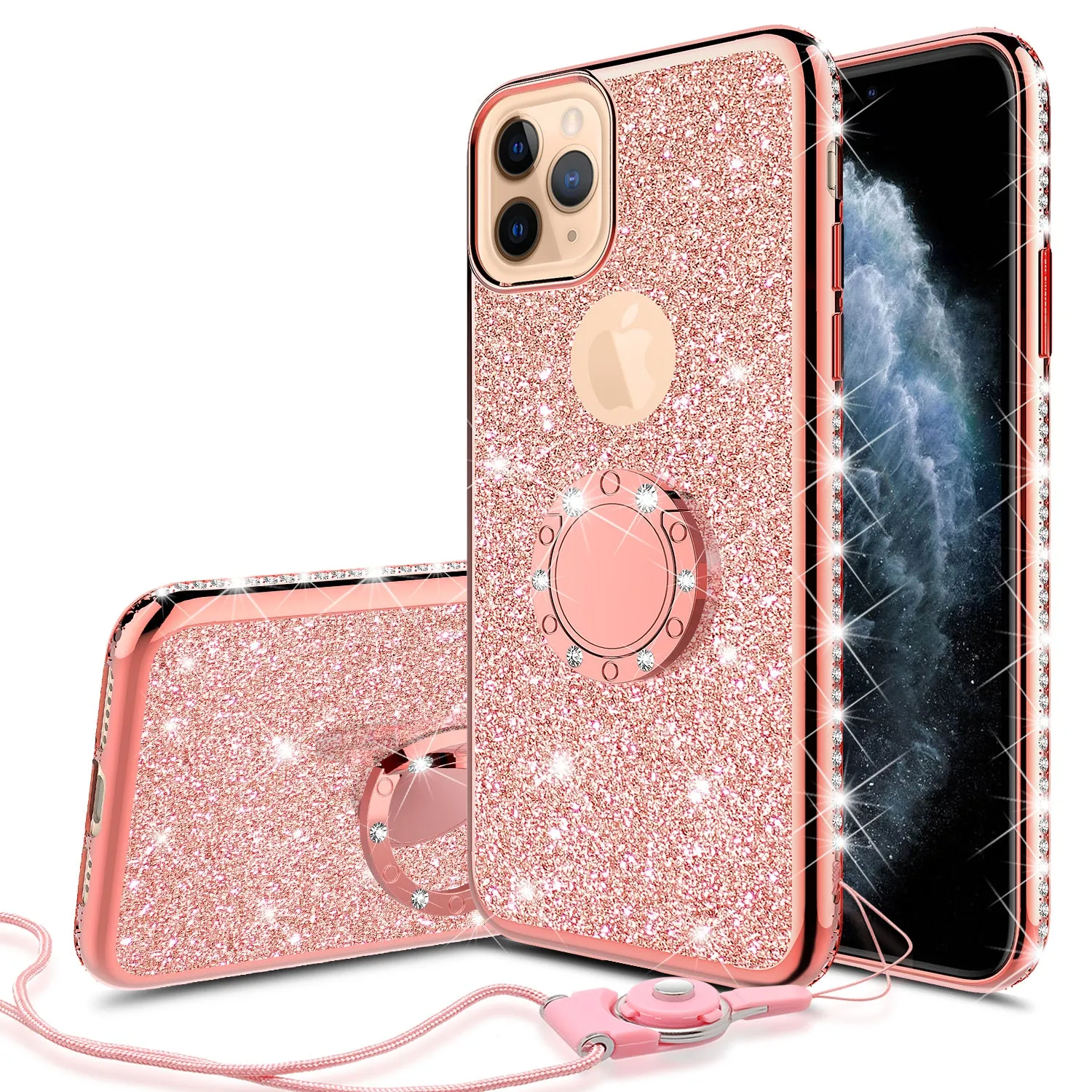 Apple iPhone 12 Case, Glitter Cute Phone Case Girls with Kickstand,Bling Diamond Rhinestone Bumper Ring Stand Sparkly Luxury Clear Thin Soft Protective Apple iPhone 12 Case for Girl Women - Rose Gold