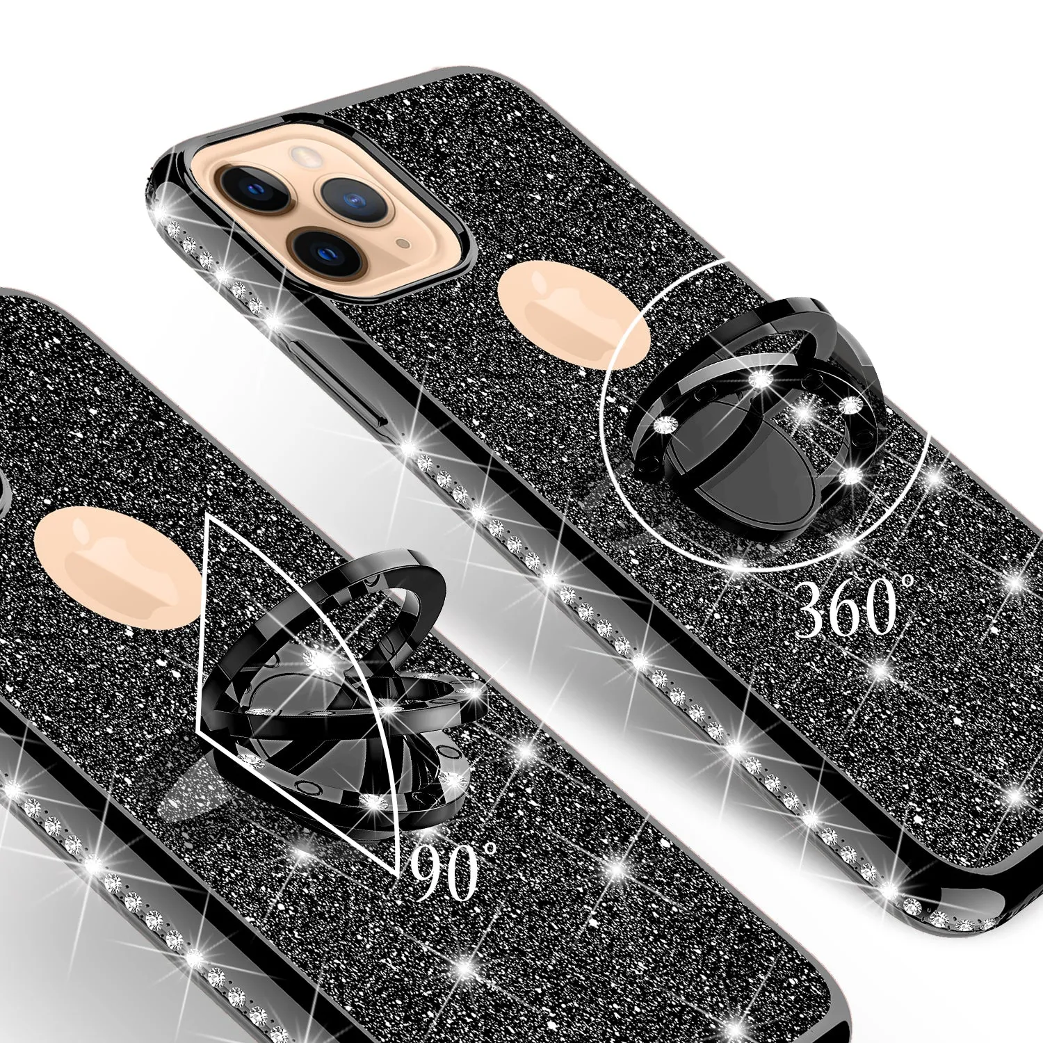 Apple iPhone 12 Pro Max Case, Glitter Cute Phone Case Girls with Kickstand,Bling Diamond Rhinestone Bumper Ring Stand Sparkly Luxury Clear Thin Soft Protective Apple iPhone 12 Pro Max Case for Girl Women - Black