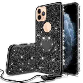 Apple iPhone 12 Pro Max Case, Glitter Cute Phone Case Girls with Kickstand,Bling Diamond Rhinestone Bumper Ring Stand Sparkly Luxury Clear Thin Soft Protective Apple iPhone 12 Pro Max Case for Girl Women - Black