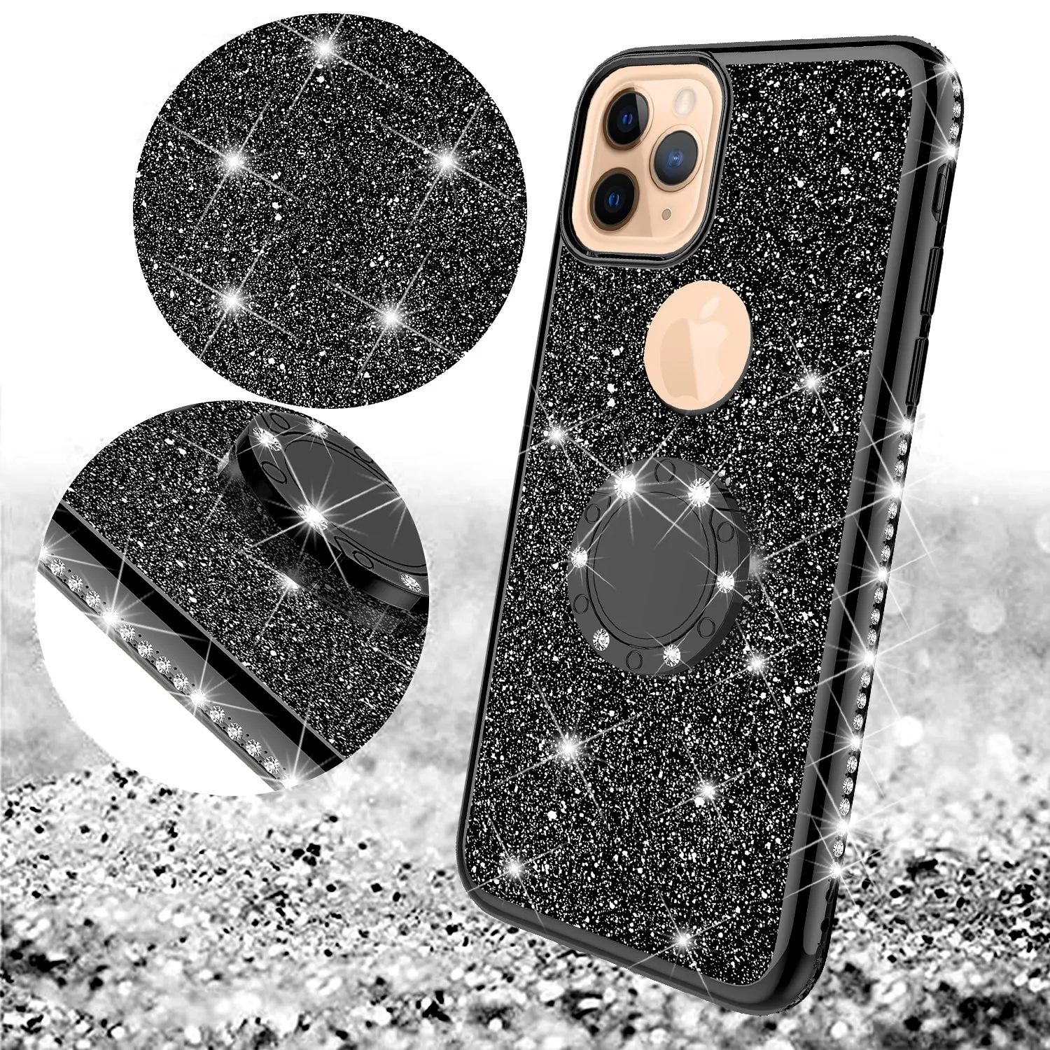 Apple iPhone 12 Pro Max Case, Glitter Cute Phone Case Girls with Kickstand,Bling Diamond Rhinestone Bumper Ring Stand Sparkly Luxury Clear Thin Soft Protective Apple iPhone 12 Pro Max Case for Girl Women - Black