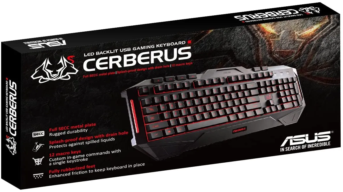 ASUS Gaming Keyboard Cerberus | Highly Durable, Long-Lasting PC Gaming Keyboard | Dome Switches | Splash-Proof & Anti-Slip | Multi-Color Backlight | Media Controls   12 Programmable Keys | Black