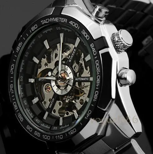 Automatic Branded Mens Classic Stainless Steel Self Wind Skeleton Mechanical Watch Fashion Cross Wristwatch