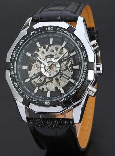 Automatic Branded Mens Classic Stainless Steel Self Wind Skeleton Mechanical Watch Fashion Cross Wristwatch