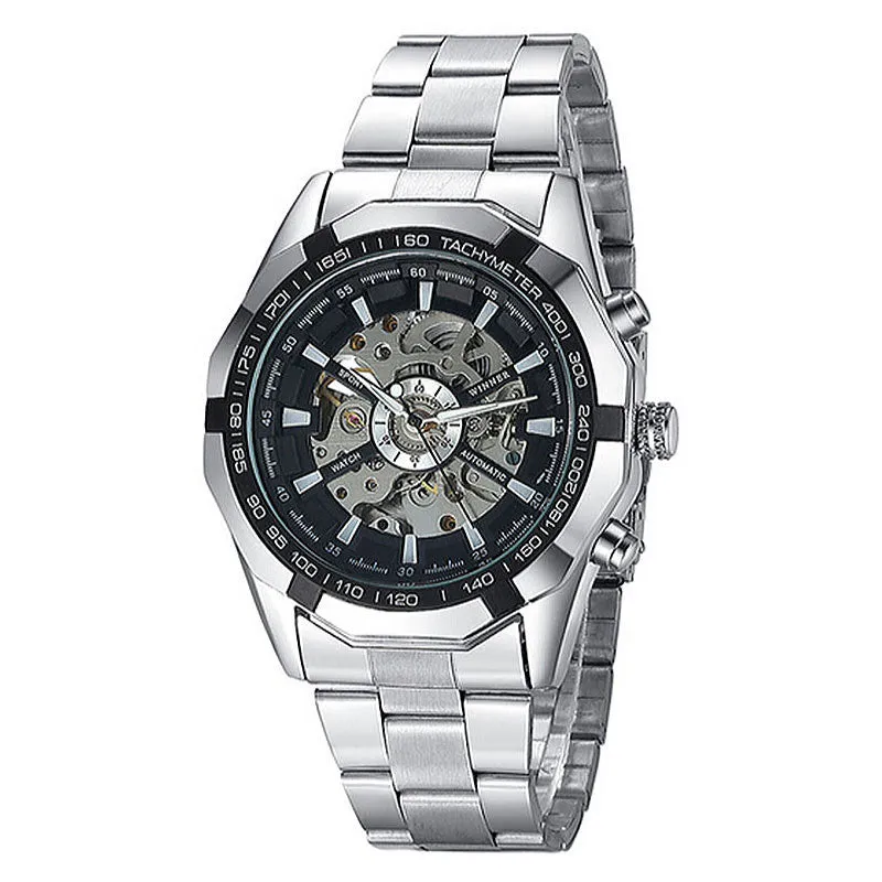 Automatic Branded Mens Classic Stainless Steel Self Wind Skeleton Mechanical Watch Fashion Cross Wristwatch