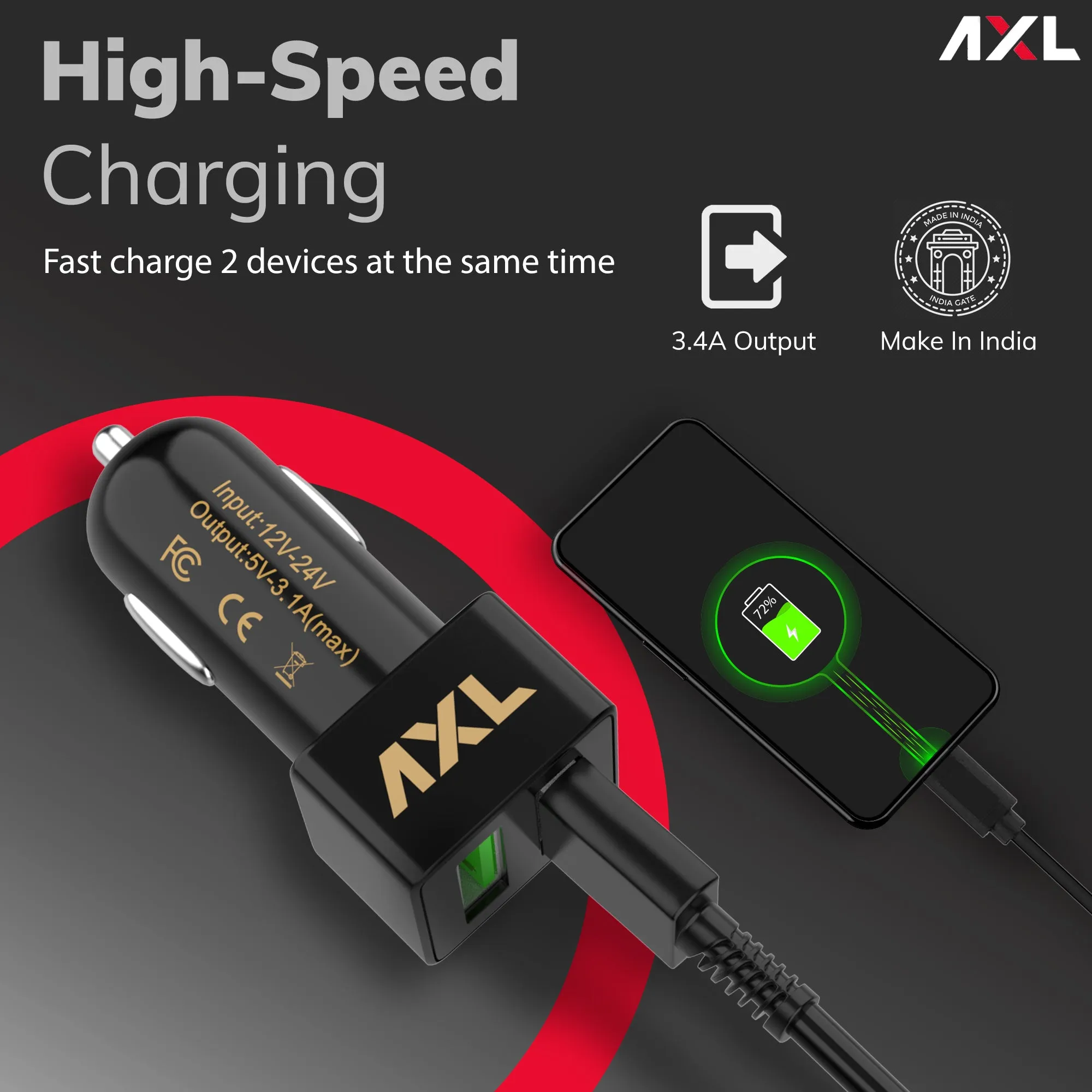 AXL ACC02 3.1A Dual Port Rapid Car Charger with Fast Charging, Compatible for All Smartphones With Cable (Black)