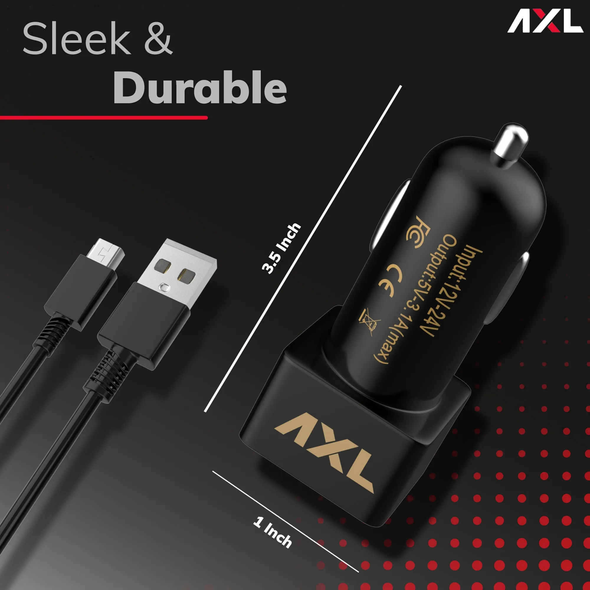 AXL ACC02 3.1A Dual Port Rapid Car Charger with Fast Charging, Compatible for All Smartphones With Cable (Black)