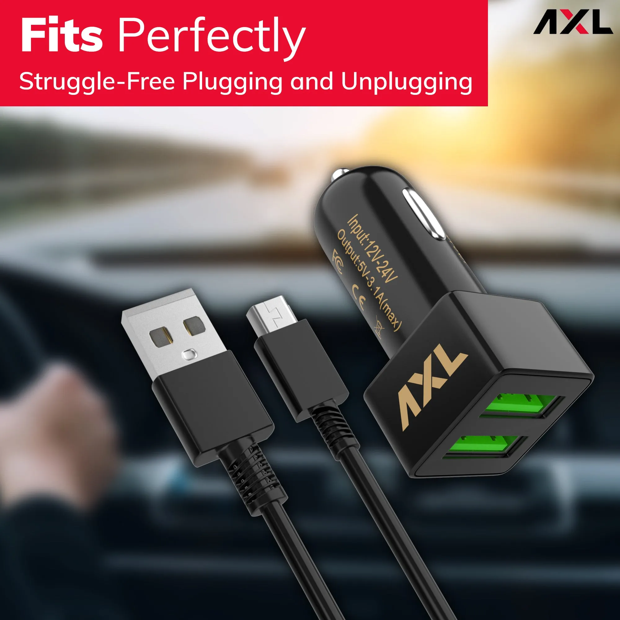 AXL ACC02 3.1A Dual Port Rapid Car Charger with Fast Charging, Compatible for All Smartphones With Cable (Black)