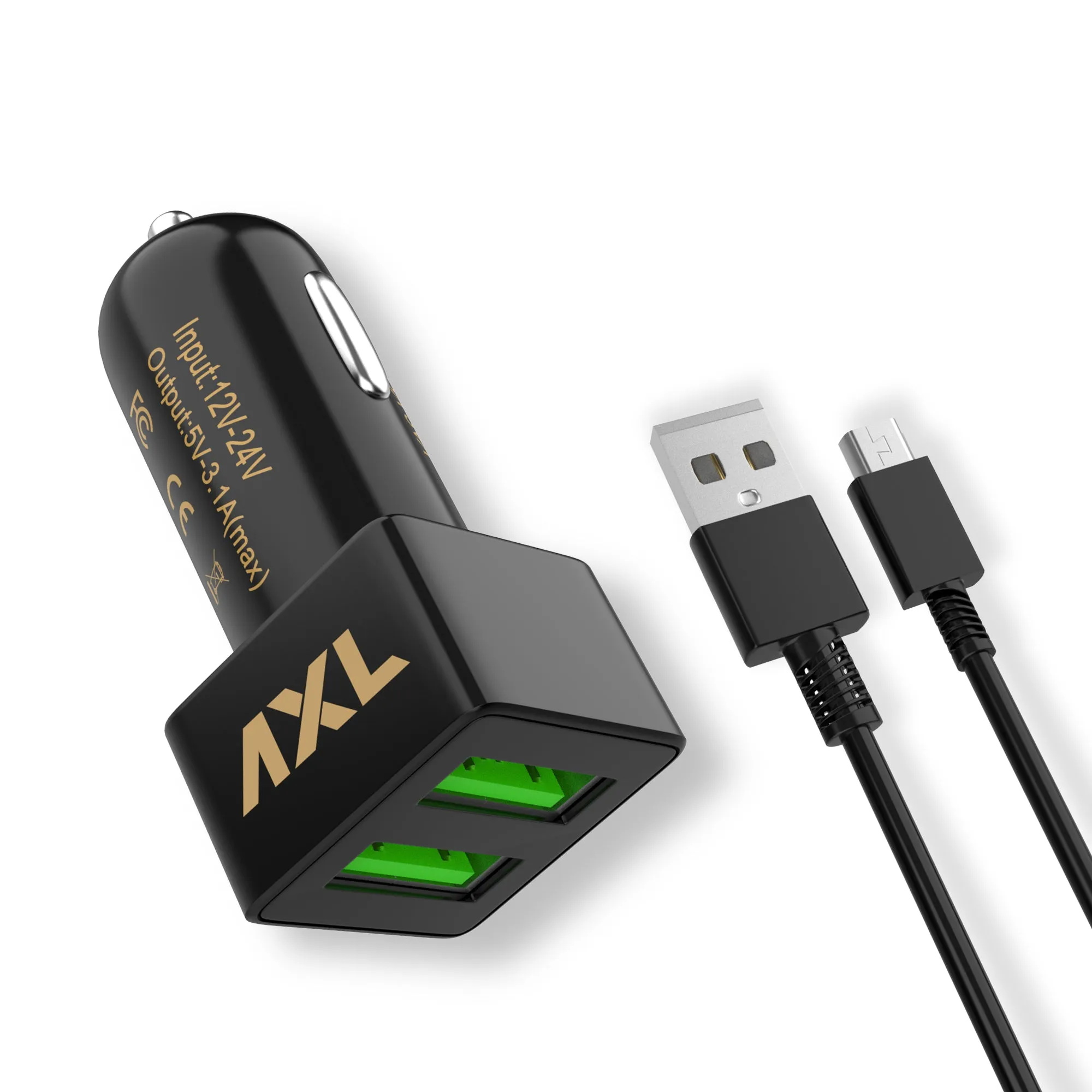 AXL ACC02 3.1A Dual Port Rapid Car Charger with Fast Charging, Compatible for All Smartphones With Cable (Black)