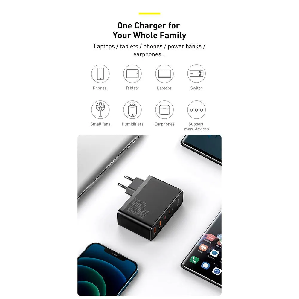 Baseus 100W PD GaN² Pro Fast Charger - Vægoplader m. 2 x USB-C & 2 x USB-A - Hvid