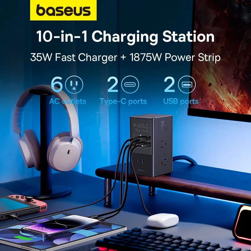 Baseus 35W Fast Charger Digital Power Strip 7-in-1 Charging Station 4000W Rated Power Digital Display For iPhone16 15 14 Pro Max