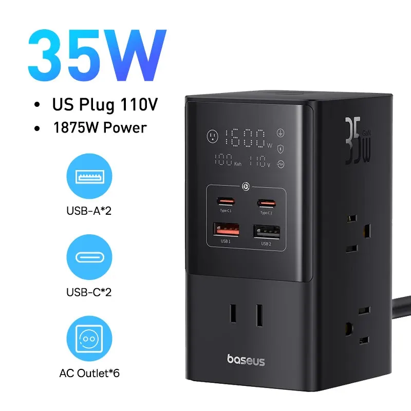 Baseus 35W Fast Charger Digital Power Strip 7-in-1 Charging Station 4000W Rated Power Digital Display For iPhone16 15 14 Pro Max