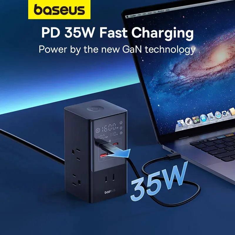 Baseus 35W Fast Charger Digital Power Strip 7-in-1 Charging Station 4000W Rated Power Digital Display For iPhone16 15 14 Pro Max