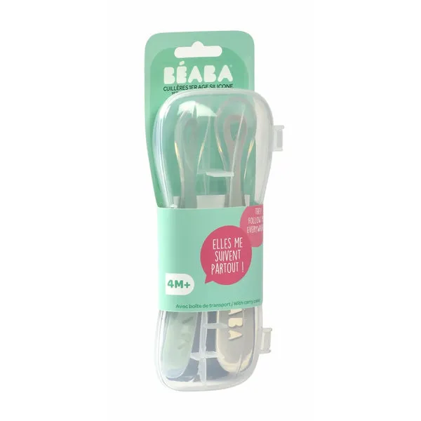 Beaba 1st Stage Silicone Spoon Travel Twin Set (with Case) - Velvet grey/ Sage