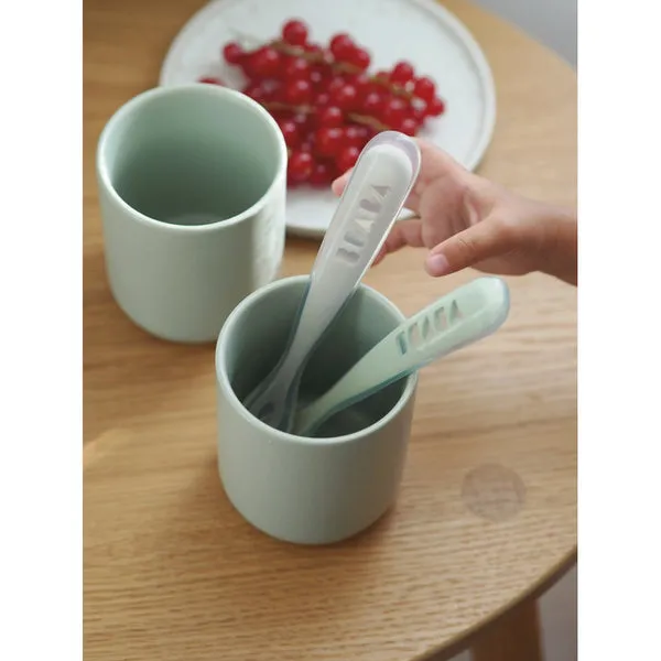 Beaba 1st Stage Silicone Spoon Travel Twin Set (with Case) - Velvet grey/ Sage