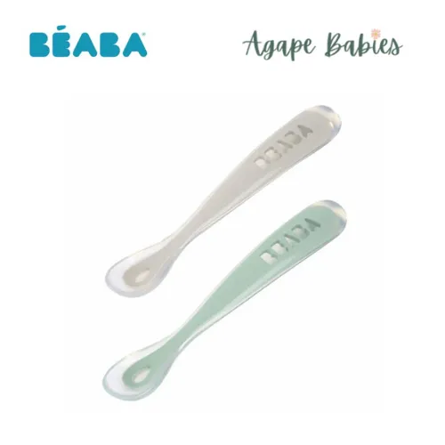 Beaba 1st Stage Silicone Spoon Travel Twin Set (with Case) - Velvet grey/ Sage