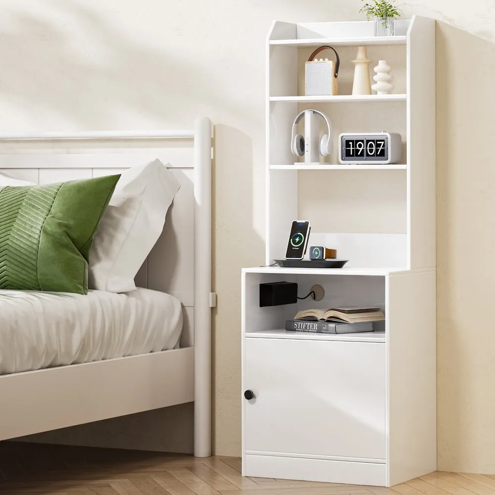 Bedside Table Nightstand with Charging Station - White