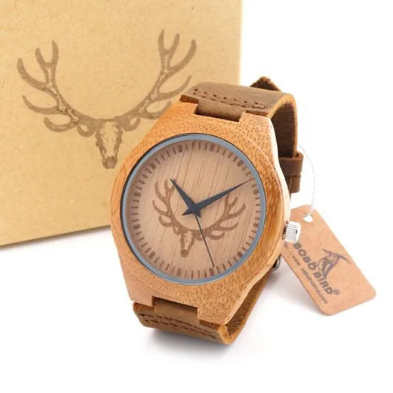 BIRD Top brand Bobobird Men's Bamboo Wooden Watch Quartz Real Leather Strap Men Watches With Gift Box