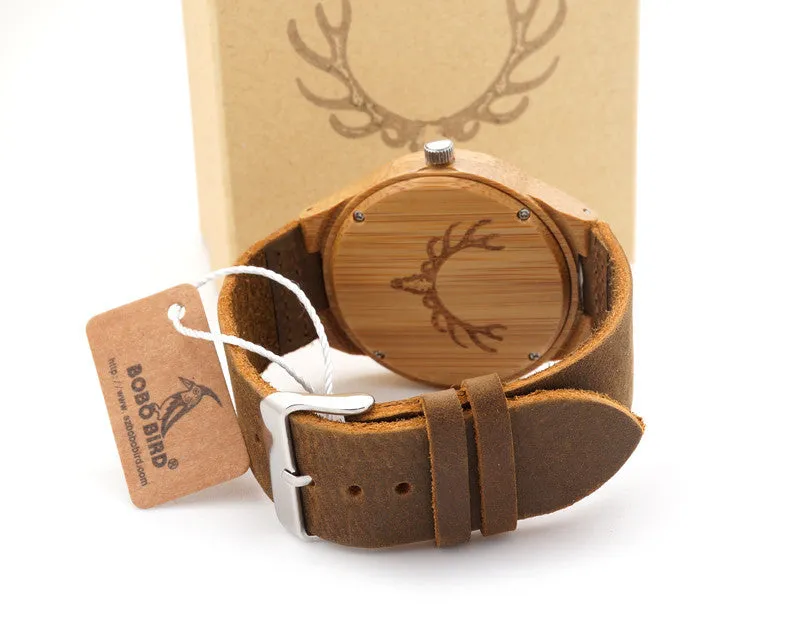 BIRD Top brand Bobobird Men's Bamboo Wooden Watch Quartz Real Leather Strap Men Watches With Gift Box