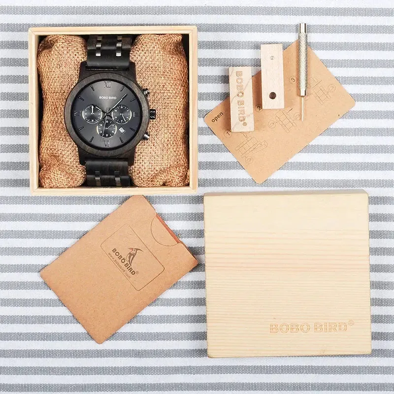 BOBO BIRD P19 Wooden Mens Quartz Watches Date Display Business Watch Man Ebony Zebrawood Options Valentines Christmas Gift