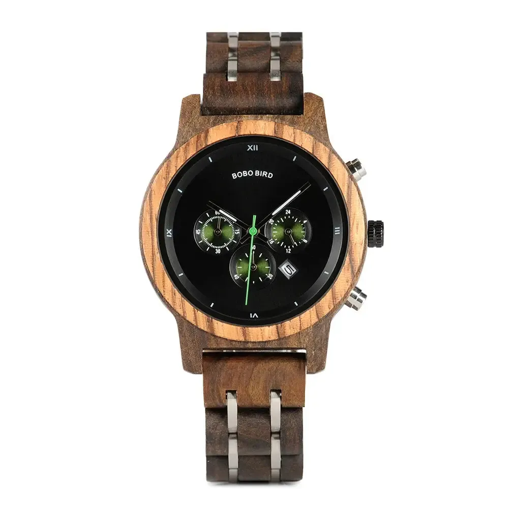 BOBO BIRD P19 Wooden Mens Quartz Watches Date Display Business Watch Man Ebony Zebrawood Options Valentines Christmas Gift