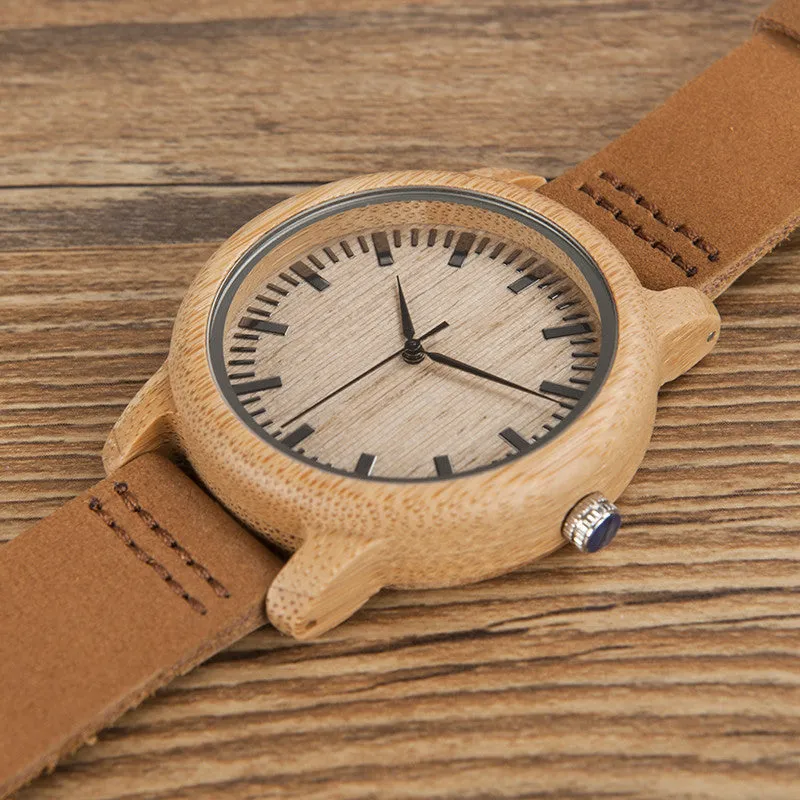 BOBO BIRD Unisex  Bamboo Wood Quartz Watch With Soft Leather Straps