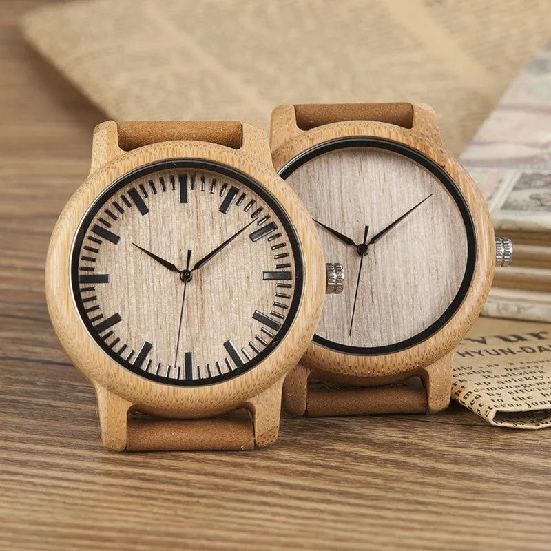 BOBO BIRD Unisex  Bamboo Wood Quartz Watch With Soft Leather Straps