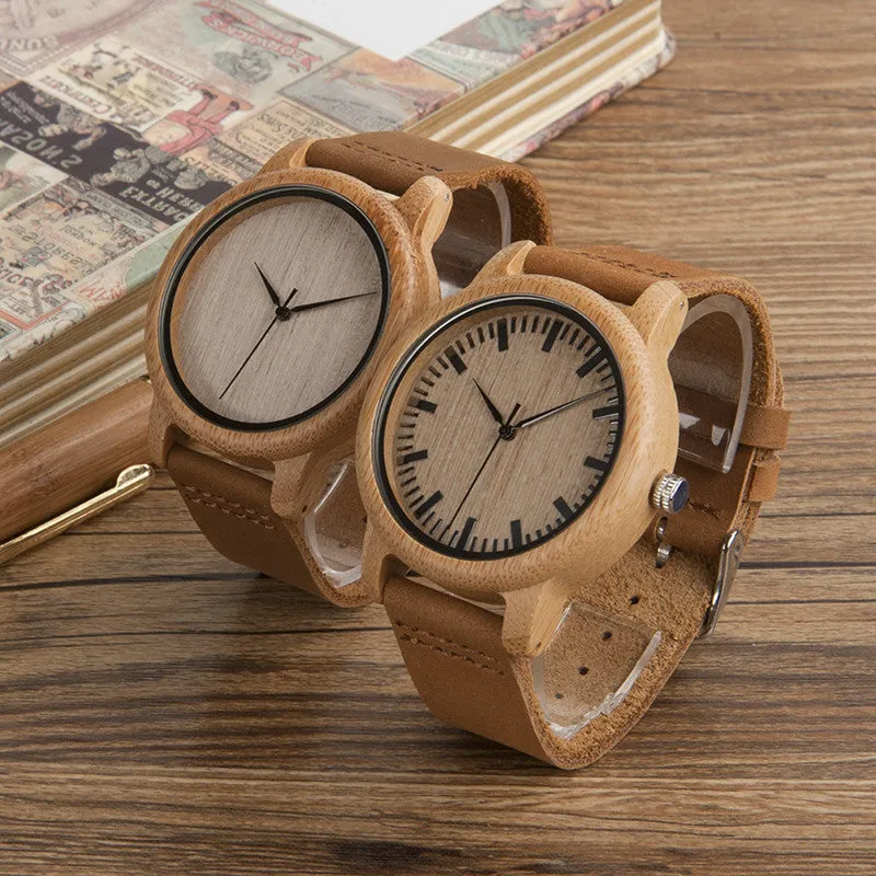 BOBO BIRD Unisex  Bamboo Wood Quartz Watch With Soft Leather Straps