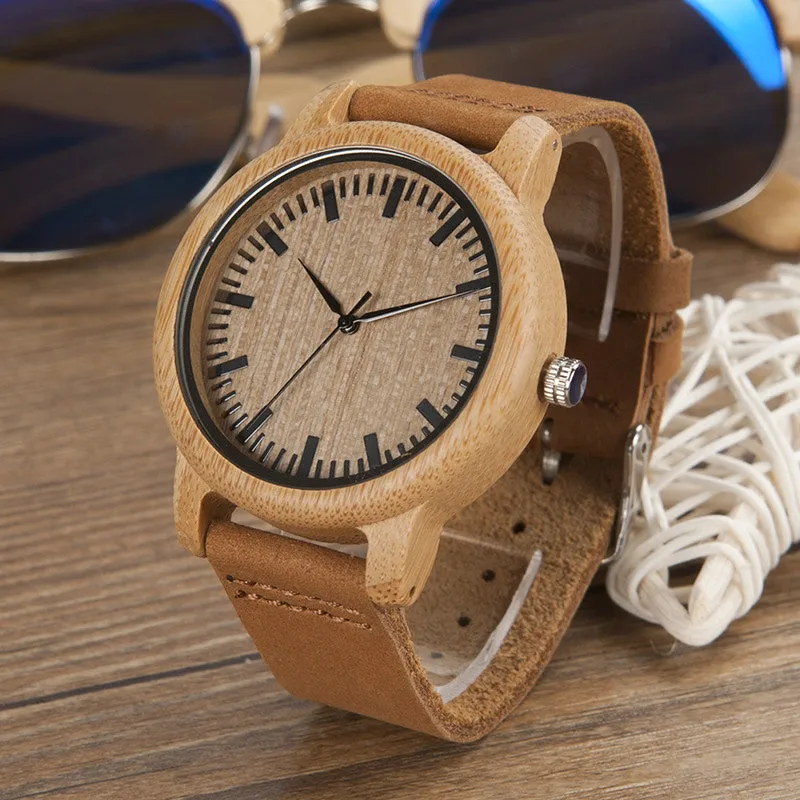 BOBO BIRD Unisex  Bamboo Wood Quartz Watch With Soft Leather Straps