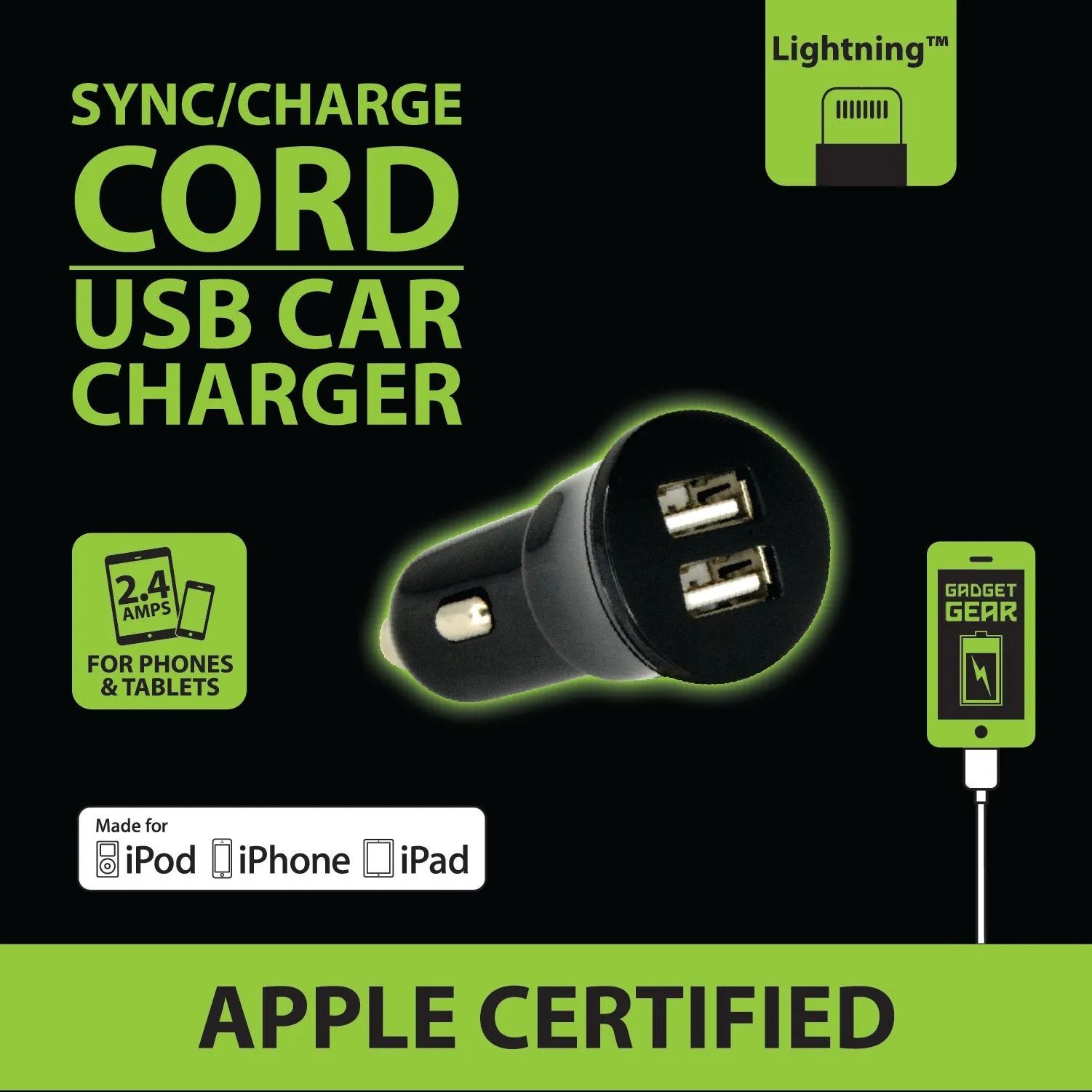 Car Charger with USB to Lightning Charging Cable Set 2.4 Amp - 2 Pieces Per Pack 21098