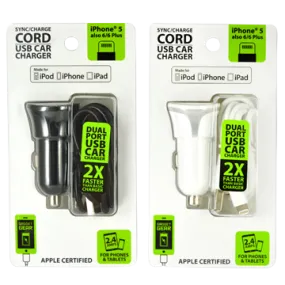 Car Charger with USB to Lightning Charging Cable Set 2.4 Amp - 2 Pieces Per Pack 21098