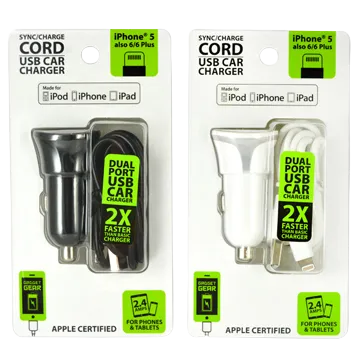 Car Charger with USB to Lightning Charging Cable Set 2.4 Amp - 2 Pieces Per Pack 21098