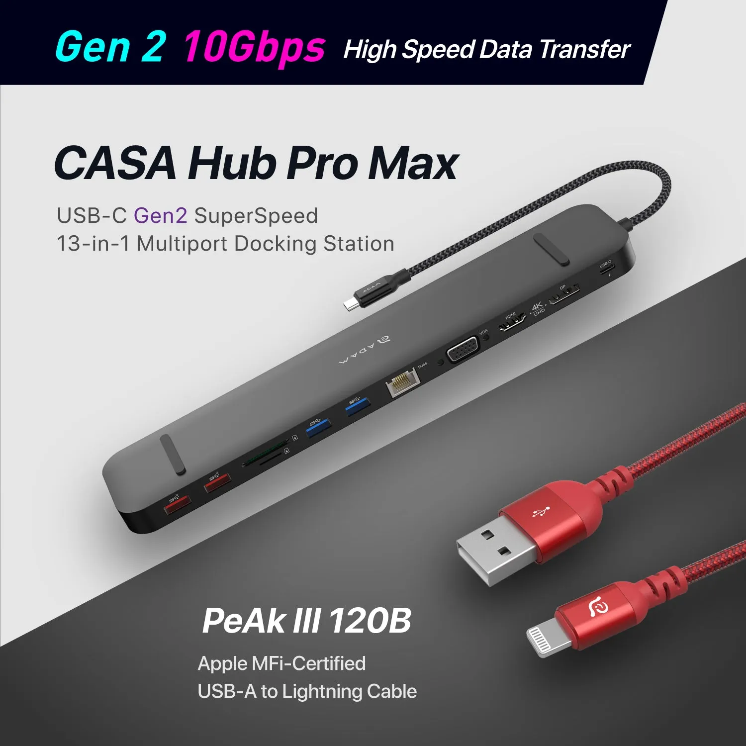 CASA HUB Pro Max USB-C 3.1 Gen 2 & 4K60Hz 13-in-1 Hub   Apple MFi-Certified USB-A to Lightning Cable 3.9 FT