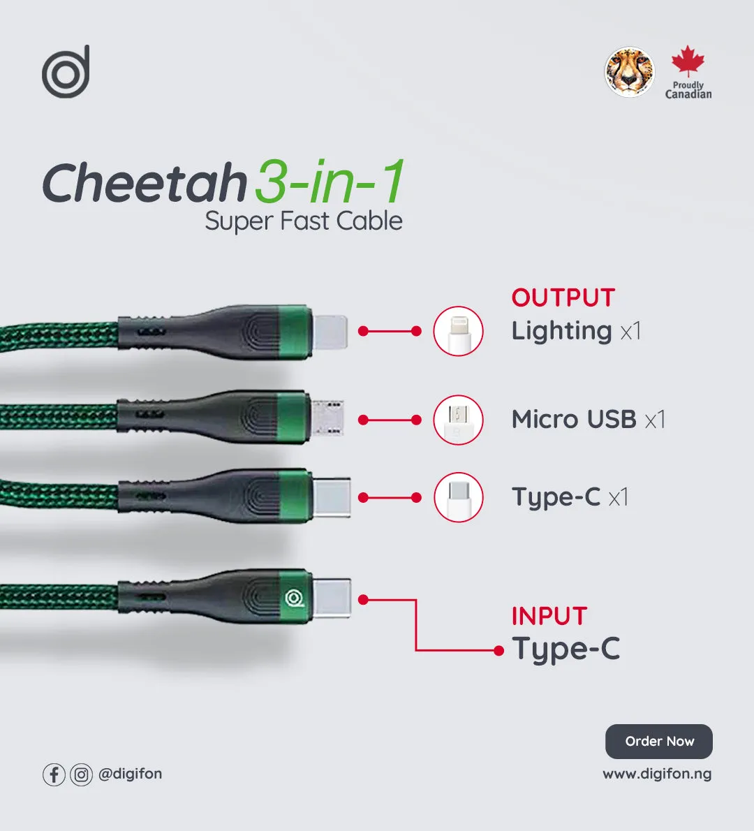 Cheetah  3-in-1 100W Super-fast Charging Cable - digifon