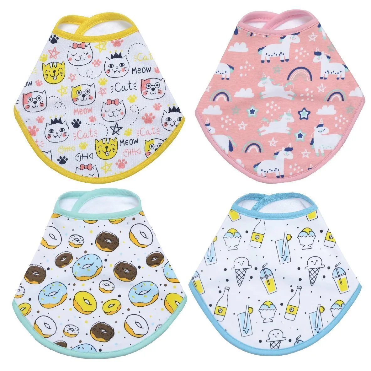 Combo of Meow Meow, Magical Unicorn, Sweet like a Doughnut and My Smoothie Feeding Bibs- (Pack of 4)