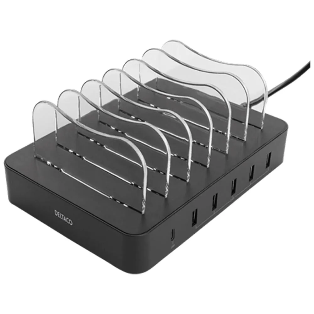 Deltaco Charging Station 6 Port 50W m. 5 x USB-A / 1 x USB-C Port - Sort