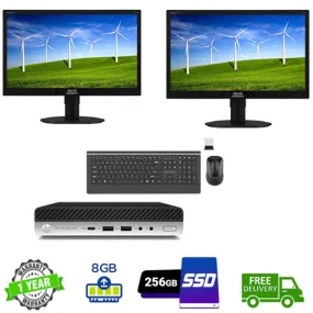 Dual Screen HP Mini EliteDesk  i5 3.2GHz 8GB DDR4 RAM 240GB SSD WIN 10 PRO  2X 23inch LCD