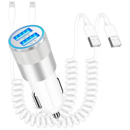 Dual USB Car Charger With 2 Coiled Lightning Cables