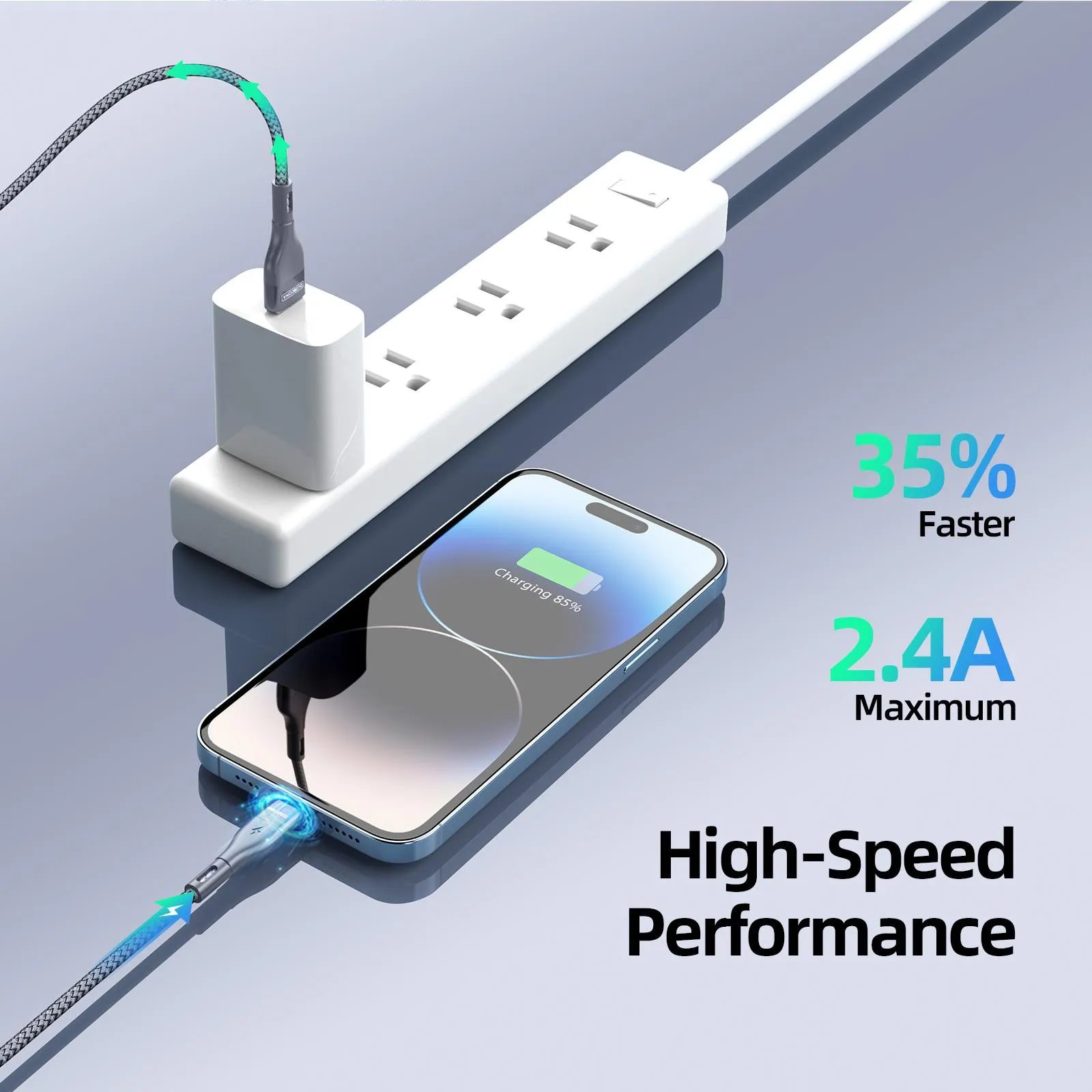 DUZZONA Fast Charge USB-A to Lightning 100cm (1m) Braided Cable - Grey