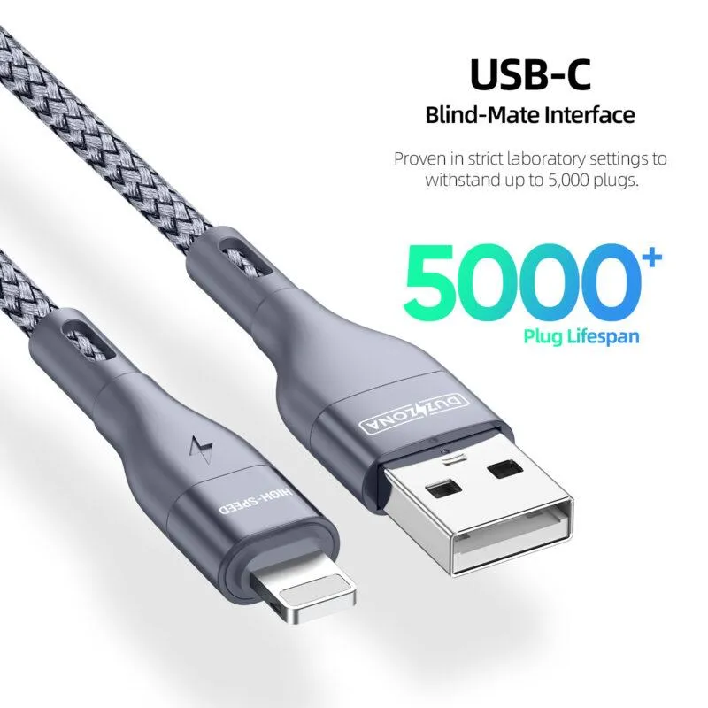 DUZZONA Fast Charge USB-A to Lightning 100cm (1m) Braided Cable - Grey