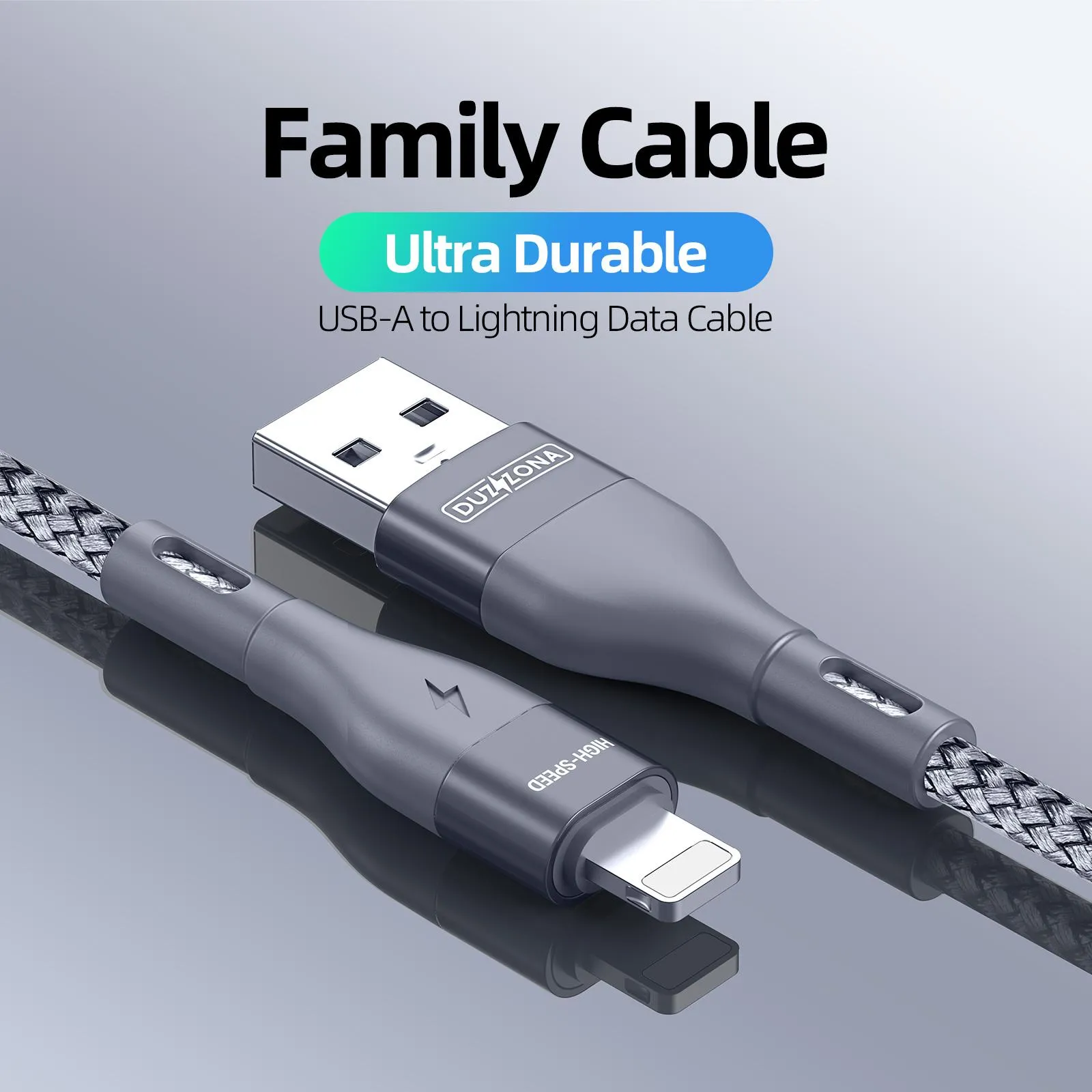 DUZZONA Fast Charge USB-A to Lightning 100cm (1m) Braided Cable - Grey