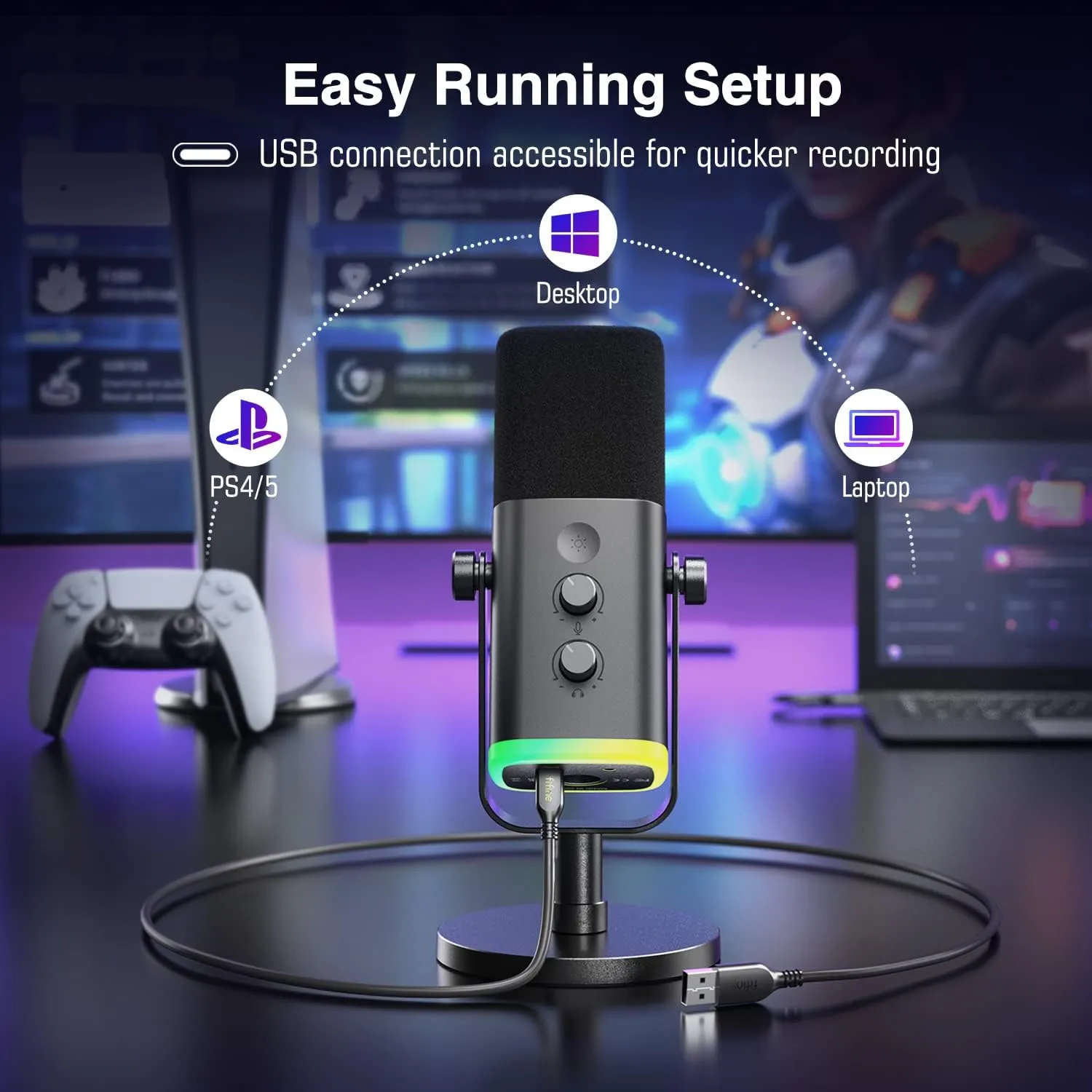 Dynamic Microphone for Podcast Recording, PC Computer Gaming Streaming Mic with RGB Light, Mute Button, Headphones Jack, Desktop Stand