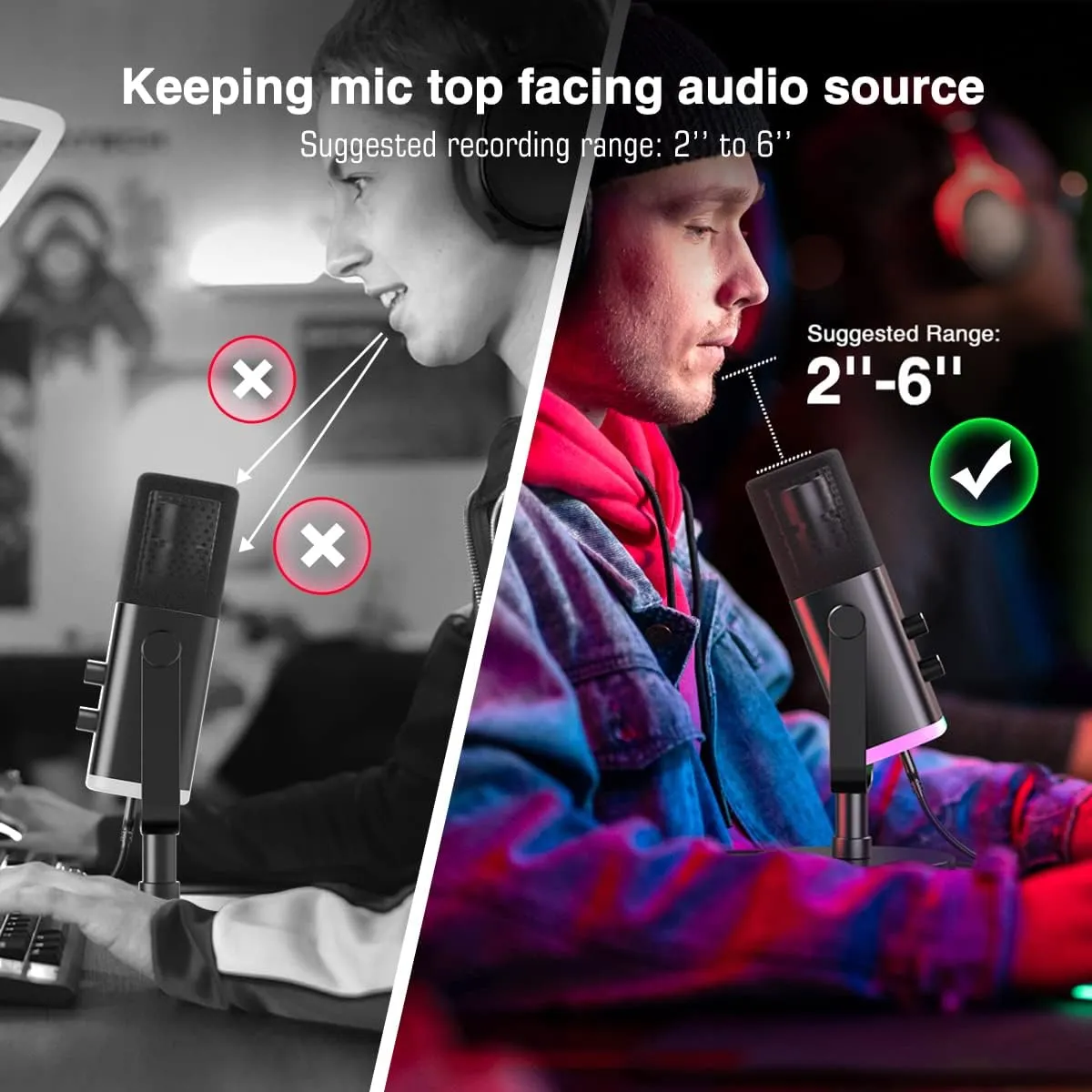 Dynamic Microphone for Podcast Recording, PC Computer Gaming Streaming Mic with RGB Light, Mute Button, Headphones Jack, Desktop Stand