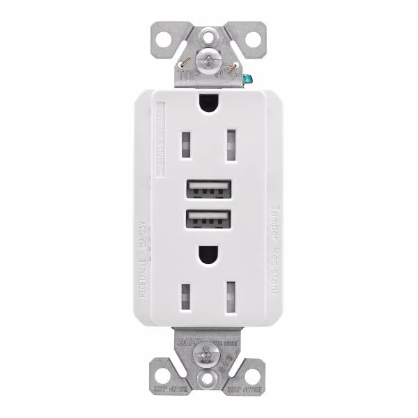 Eaton TRUSB5A15W Combo USB Charger Tamper Resistant Duplex Receptacle