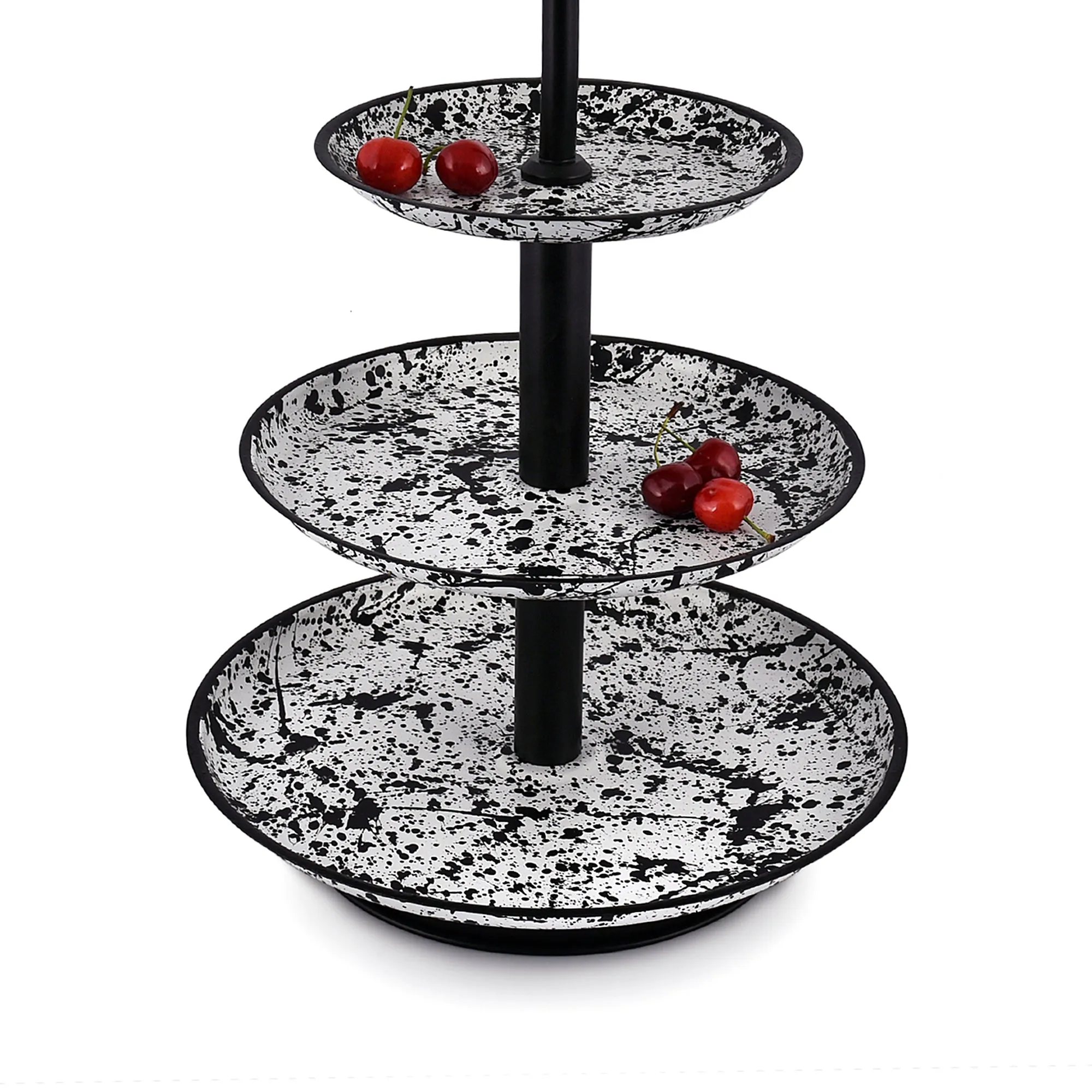 Elan Splatterful Collection, Knob 3 Tier Round Mild Steel Cake Stand (Black & White)