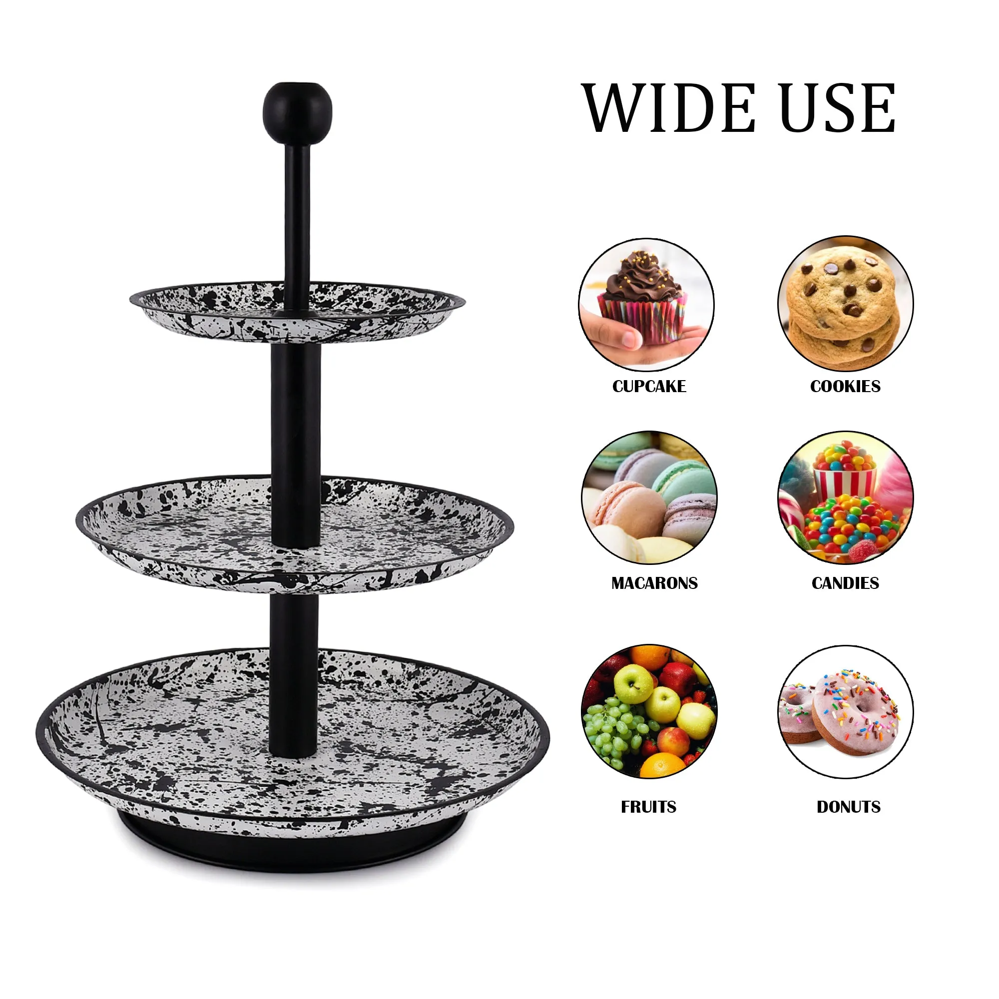 Elan Splatterful Collection, Knob 3 Tier Round Mild Steel Cake Stand (Black & White)