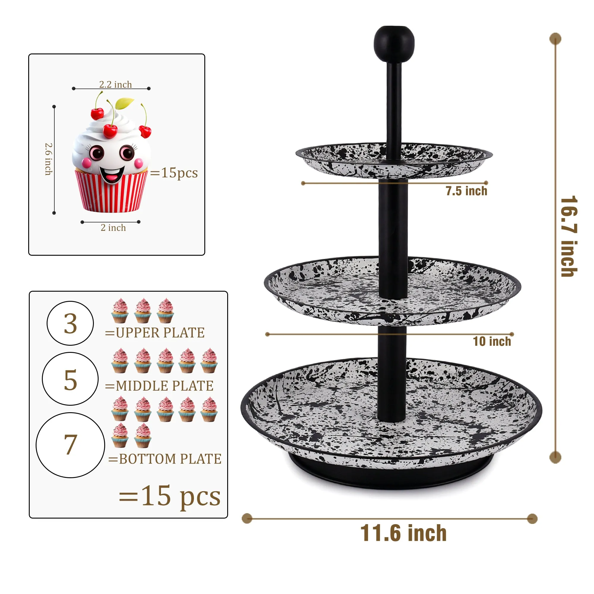 Elan Splatterful Collection, Knob 3 Tier Round Mild Steel Cake Stand (Black & White)