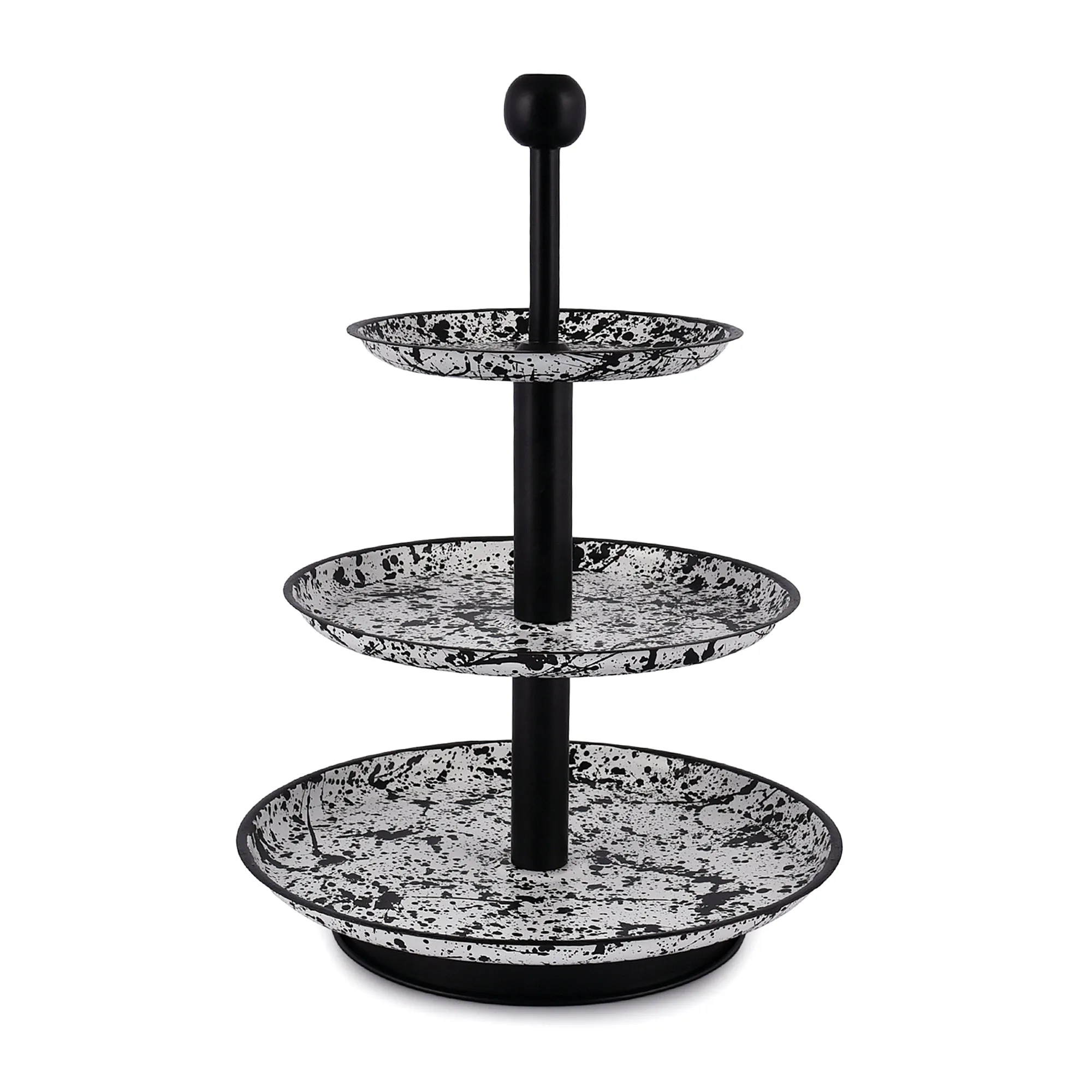 Elan Splatterful Collection, Knob 3 Tier Round Mild Steel Cake Stand (Black & White)