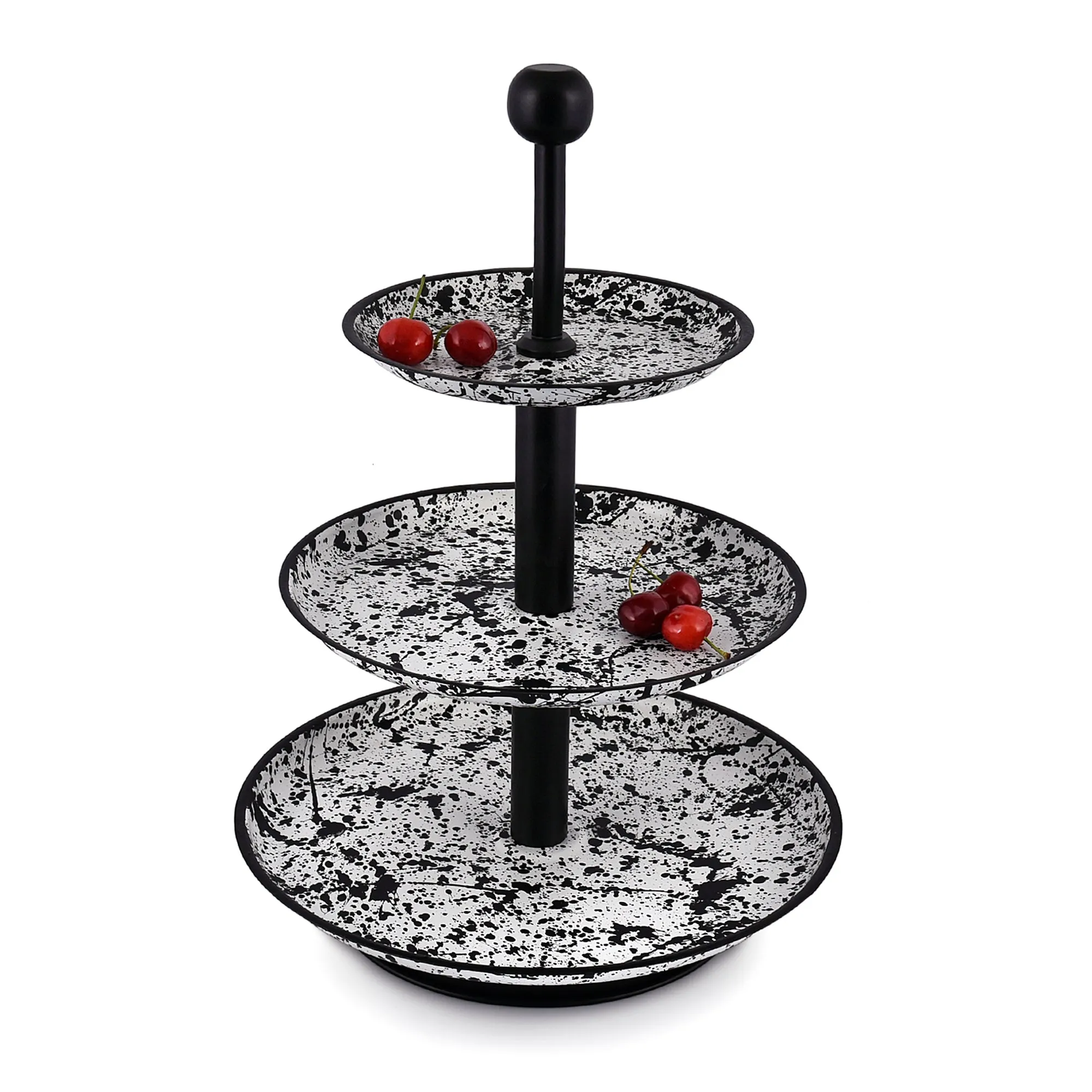 Elan Splatterful Collection, Knob 3 Tier Round Mild Steel Cake Stand (Black & White)