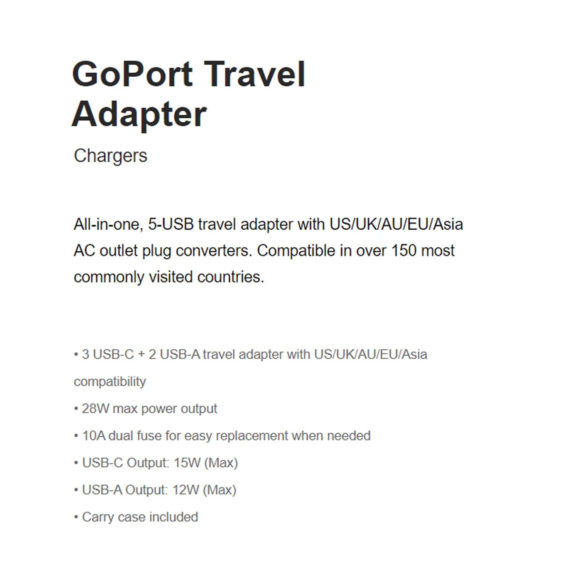 Energea GoPort Travel Adapter - 28W, 2 USB-A , 3 USB-C - Carry case included (Barcode : 6957879461682 )